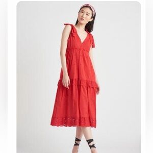 Dex tiered strap tie eyelet midi dress red size M